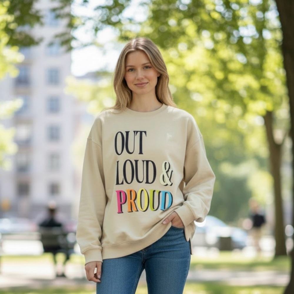 Pride out loud & proud tan oversized sweatshirt